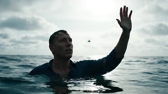 Man stranded waist-deep ocean raising hand, cinematic rescue scene, dramatic isolation, emotional photoreal storytelling photography realism.