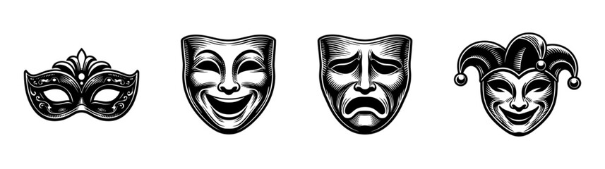 Fototapeta premium Flat vector icons set: theater masks, comedy tragedy symbols, carnival elements