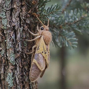 Pine processionary moth (Thaumetopoea pityocampa) and cocoon on pine tree
