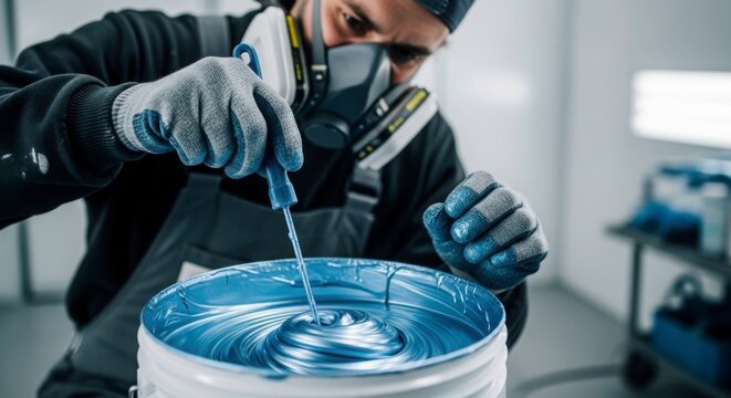 Man in protective gear mixing blue paint in a bucket