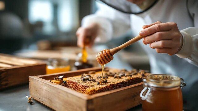 Faceless beekeeper in protective suit working with bees and hives in apiary, honey and bee production, bees on honeycombs with cells containing honey, wooden hive beekeeping