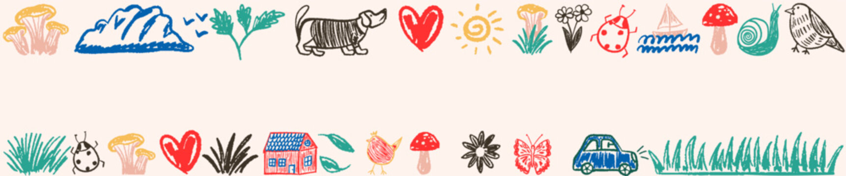 Hand-drawn children doodle banner. Nature, animals  and different playful objects in colorful crayon and marker style Illustration. Kids vector frame