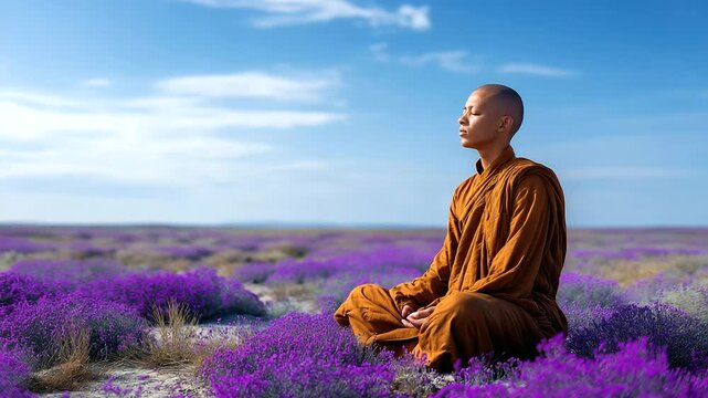 Faceless Buddhist monk meditating in purple lavender field, crown chakra meditation activation seventh chakra, enlightenment nirvana higher self divine connection spirituality
