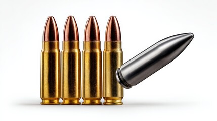 Obraz premium Four bullets are lined up next to each other, with one bullet pointing to the right. Concept of order and structure, with the bullets arranged neatly in a row