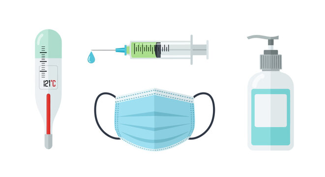 Thermometer Syringe Mask Hand Sanitizer Hygiene.