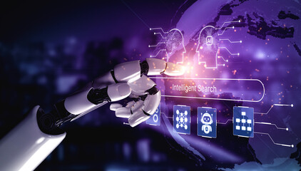 Obraz premium Intelligent search uses AI to find knowledge faster. Intelligent search improves discovery, ranking, and answers for users, teams, and services across digital systems. Corpus