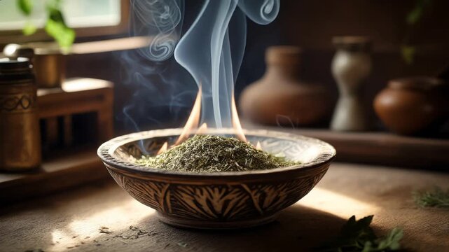 Burning herbs in ceramic bowl with aromatic smoke rising and beautiful patterns on surface. Burning herbs create serene atmosphere and add calming essence to home decor.