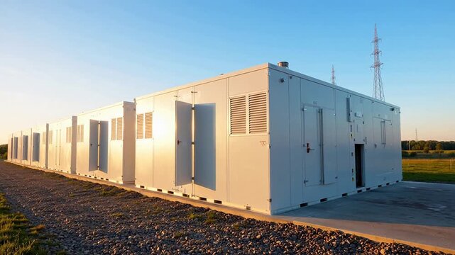 Row of industrial storage units in field