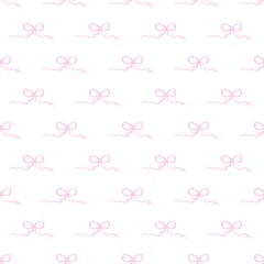 Seamless Watercolor Pink Bows Pattern, Cute Coquette Aesthetic Ribbons Background for Nursery, Romantic Girly Textile Design, Delicate Hand-Painted Pastel Ornament on White