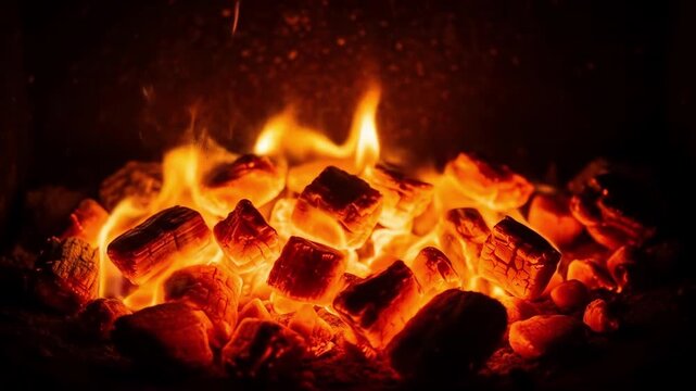 Glowing embers of burning coals in a fireplace provide warmth and a cozy atmosphere. The burning coals create an inviting ambiance with radiant heat and flickering flames.
