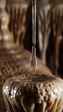 Close-up of Water Droplet Falling and Splashing on Stalagmite in Cave.