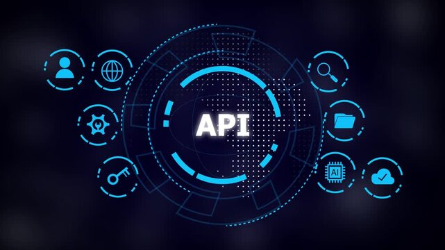 Futuristic tech interface with "API" centered in a glowing circular HUD, blue icons for cloud, ai, folder, search, key, gear, globe, user on dark blurred background