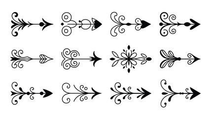 Ornate black arrow, collection with elegant swirly designs, and decorative floral vector elements perfect for vintage graphic projects and elegant design accents © Lucky art