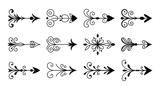 Ornate black arrow, collection with elegant swirly designs, and decorative floral vector elements perfect for vintage graphic projects and elegant design accents