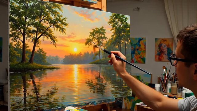 Artist painting sunset landscape