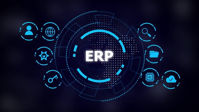 Dark blue digital background with circular hud elements and icons surrounding central 'ERP' text, neon blue tech style