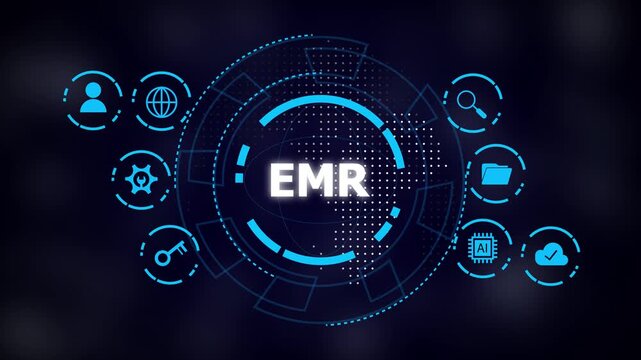 Blue neon EMR text in center of digital health technology interface with circular HUD and healthcare icons on dark background