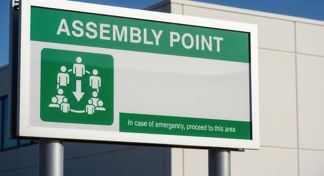 Assembly Point Sign Indicating Emergency Gathering Location Outdoors Near Modern Building