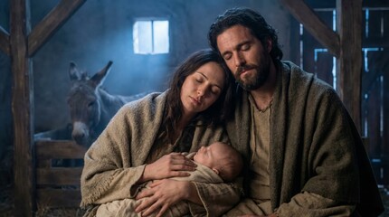Fototapeta premium Woman and man with baby in a stable. Nativity scene with holy family for Christmas celebration. Christian art depicting Jesus birth.