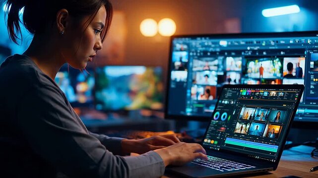 Woman working on video editing