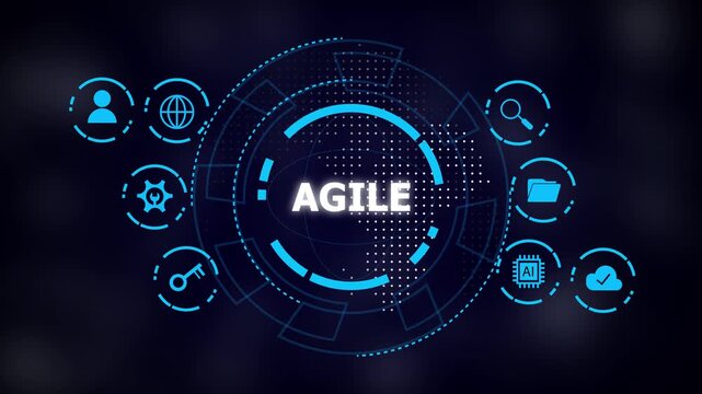 Futuristic blue tech circle interface on dark background with 'AGILE' text center, surrounded by icons representing networking, settings, search, folder, ai, cloud, key, user
