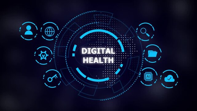 Futuristic blue digital health interface with circular HUD, icons for AI, cloud, folder, magnifying glass, user, globe, gear, key on dark background