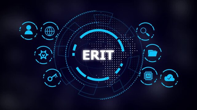 Futuristic blue tech interface with circular digital HUD elements and icons surrounding the word ERIT on a dark background