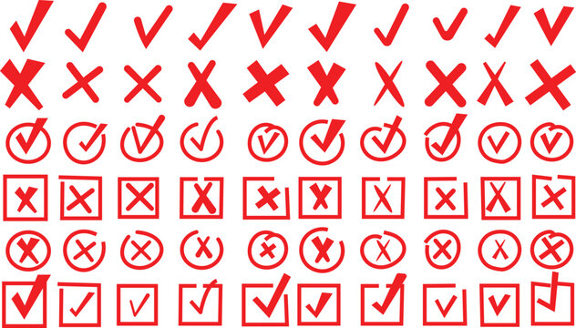Check marks doodle set. Vote, yes, no, checkbox, checklist, tick and cross signs, v and x drawn concept. Hand drawn doodle sketch style vector illustration