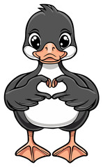 Obraz premium Adorable cartoon duck character with big eyes making a heart shape with its hands