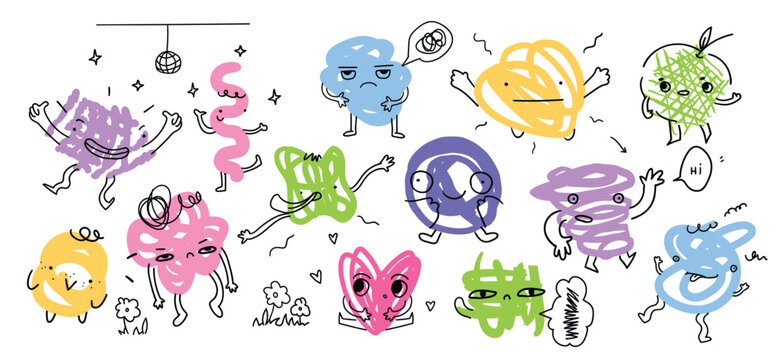 Doodle shapes with face emotions vector collection illustration. Cute funny characters background.