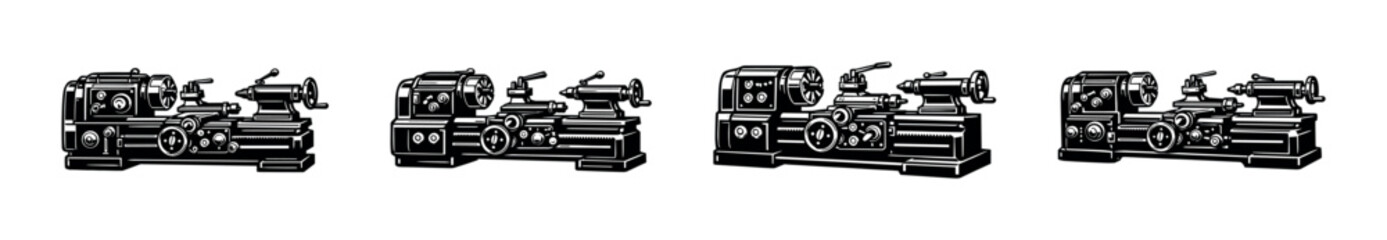 Obraz premium Industrial machine tools. flat vector icons set of lathe equipment. mechanical workshop symbols