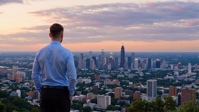 Man overlooking city skyline at dusk
