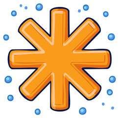 Fototapeta premium Playful cartoon orange asterisk or star symbol with blue bubbles