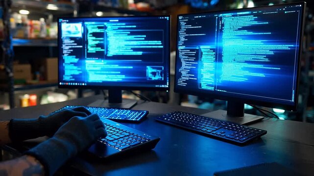 Person coding on dual monitors