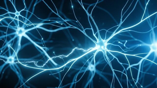 Detailed 3d animation of glowing blue neurons firing electrical impulses within brain network, representing neural connections and digital consciousness technology