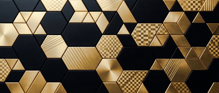 A close-up view of a geometric pattern featuring gold and black hexagonal tiles with various textures and reflective surfaces arranged in a repeating design
