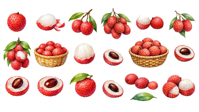 A charming watercolor collection of fresh lychee fruits, including whole lychees, peeled halves, glossy brown seeds, leafy branches, and woven basket arrangements.
