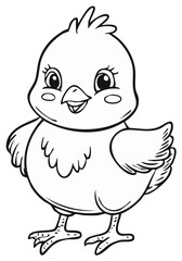 Fototapeta premium Cute cartoon chick with expressive eyes and smiling beak illustration for coloring