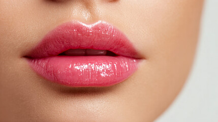 Fototapeta premium Shiny pink gloss lips with smooth skin texture enhancing natural beauty in a close-up portrait for makeup and skincare concepts