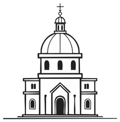 Church vector illustration featuring architectural details like arches, a dome, and a religious cross atop. Line art, clean design.