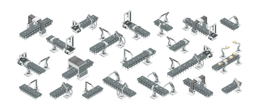 Collection of isometric industrial conveyor belt systems with robotic arms vector illustration