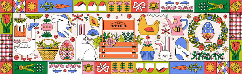 Happy Easter. Vector cute modern folk illustrations with line art and outline: bunny, eggs, basket, goose, chicken, wreath, Easter cake for borders, banners, spring icons, scrapbooking, frame, greetin © Ardea-studio