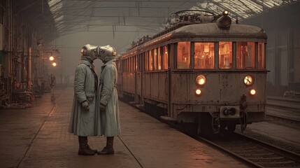 Naklejka premium Couple dressed with retro-futuristic clothes on a retro-futuristic surreal set up