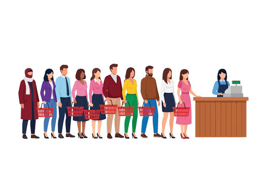 A diverse group of people patiently wait in a checkout line at a grocery store