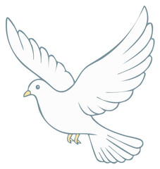 Fototapeta premium Stylized white dove flying with wings spread wide in a simple line art illustration