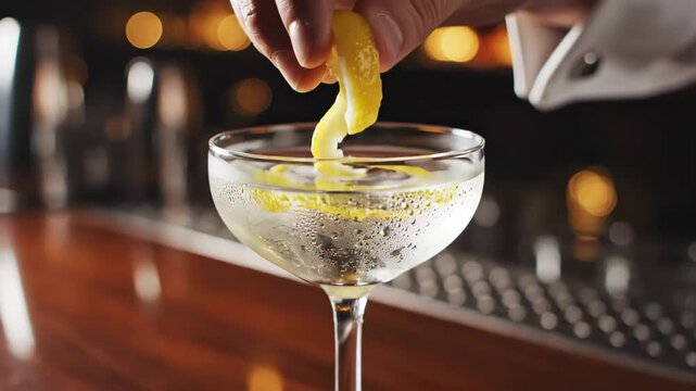 Professional bartender squeezing fresh lemon zest into chilled cocktail glass 4K Video