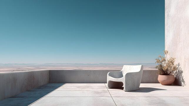 silla o sillon blanco minimalista dentro de una terraza o patio de una casa en medio del desierto paisaje arido y seco para el descanso y tranquilidad para relajarse