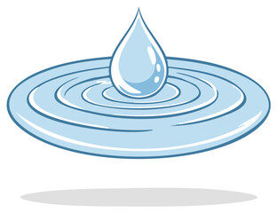 Blue water drop creates ripples in round surface, simple clear cartoon illustration, calm scene for logo or banner design