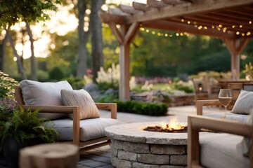 Fototapeta premium Outdoor living space with fire pit and patio furniture