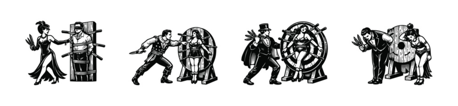 Knife throwing vector icons set. circus and magic show elements. flat retro style graphics